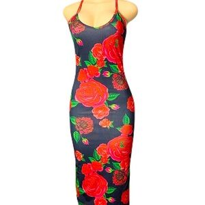 Rose Print Bodycon Dress L-XL, Summer Low Cut Spaghetti Strap
